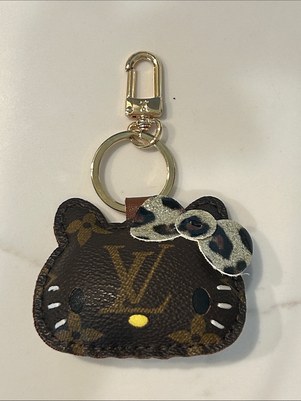 Upcycled LV Gold-Tone Brown Monogram HK Keychain Bag Charm with Leopard Bow - Picture 5 of 11